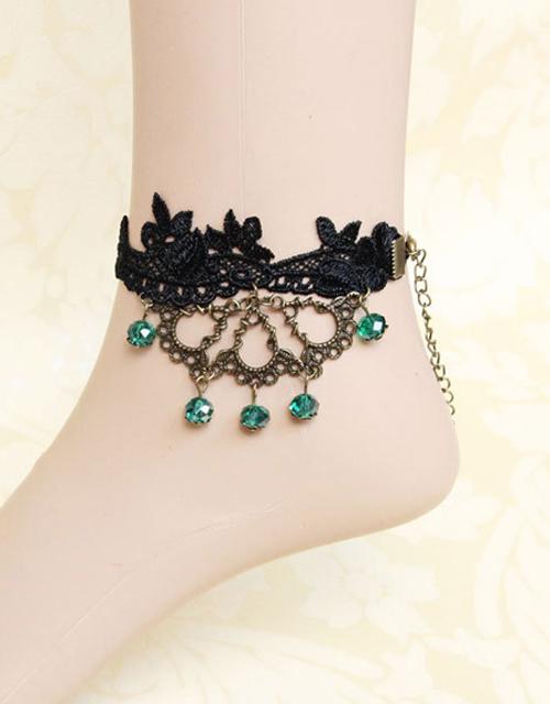 Gothic Black Lace Anklet with Green Beads 