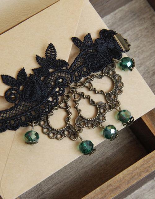 Gothic Black Lace Anklet with Green Beads 