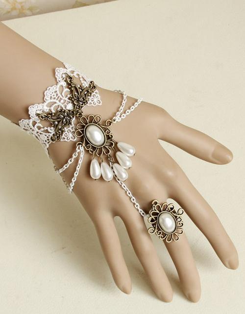 Victorian White Beads Chains Bracelet Ring Jeweiry