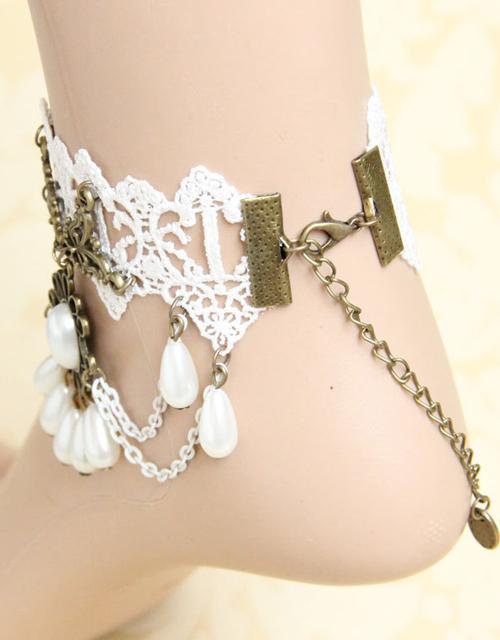 White Beads & Chains Vintage Anklet