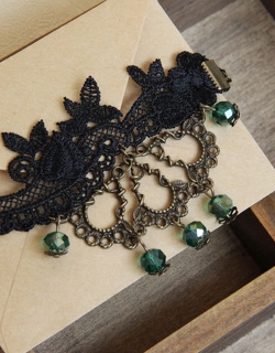 Gothic Black Lace Anklet with Green Beads 