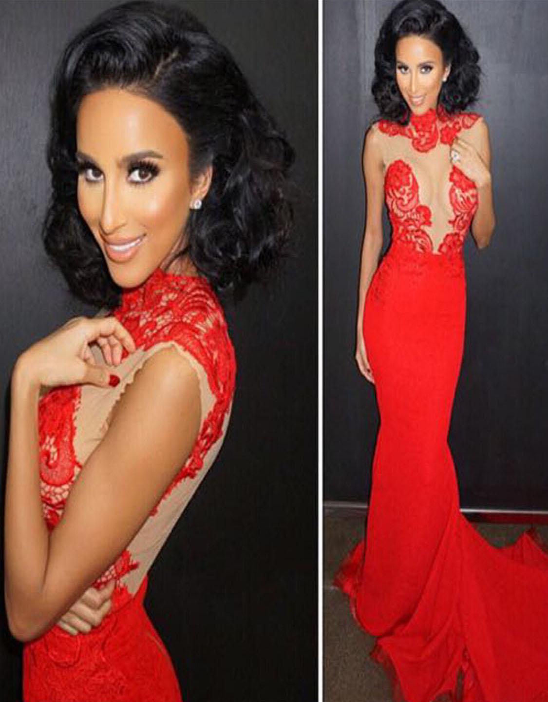 Red Lace Applique Mesh Maxi Dress Celebrity Style