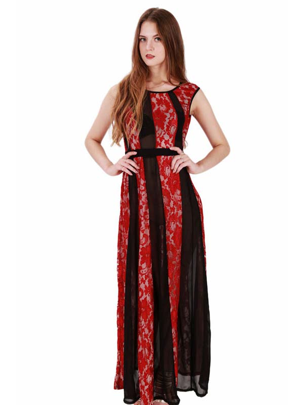 Sexy Sheer Red Lace Long Gown