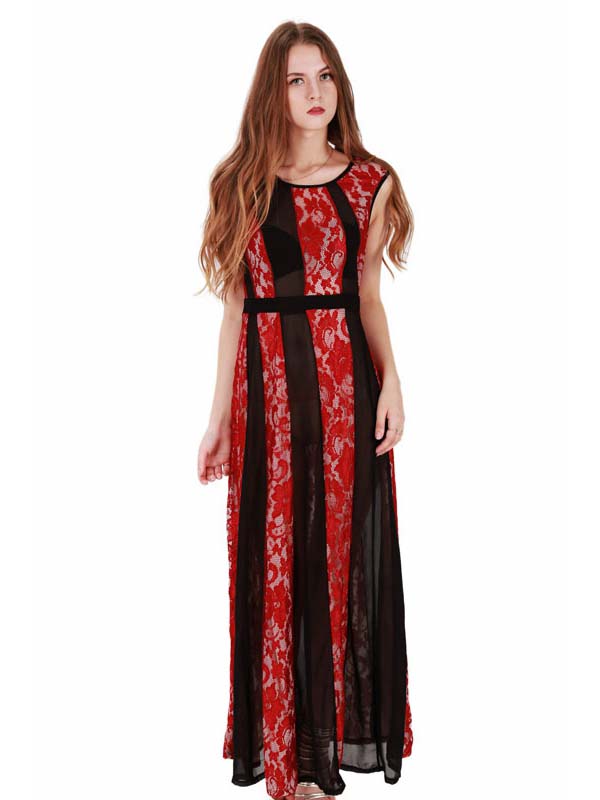 Sexy Sheer Red Lace Long Gown