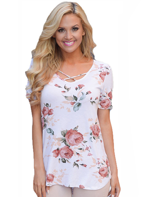 Flower Print Crisscross Neck Short Sleeve T-shirt