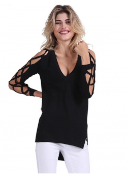 Black Women Hollow Out Long Sleeve Tops