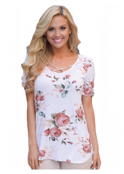 Flower Print Crisscross Neck Short Sleeve T-shirt