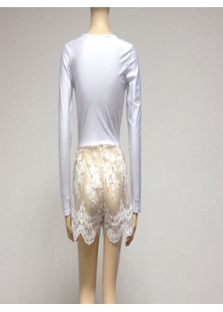 White Floral Lace Deep V Neck Bodycon Short Jumpsuit Rompers