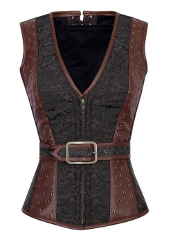 Zipper V Neck Woman Leather Vintage Overbust Corset