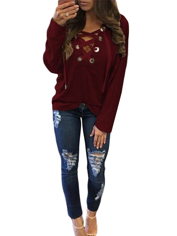 Lace Up Neckline Long Sleeve Hooded Sweatshirt Grey