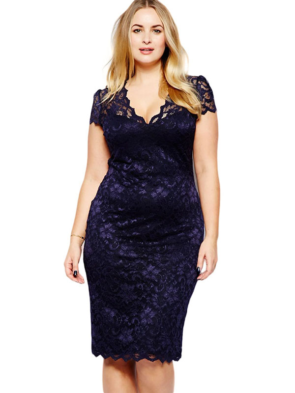 XL-3XL Dark Blue Lace Women Midi Dress