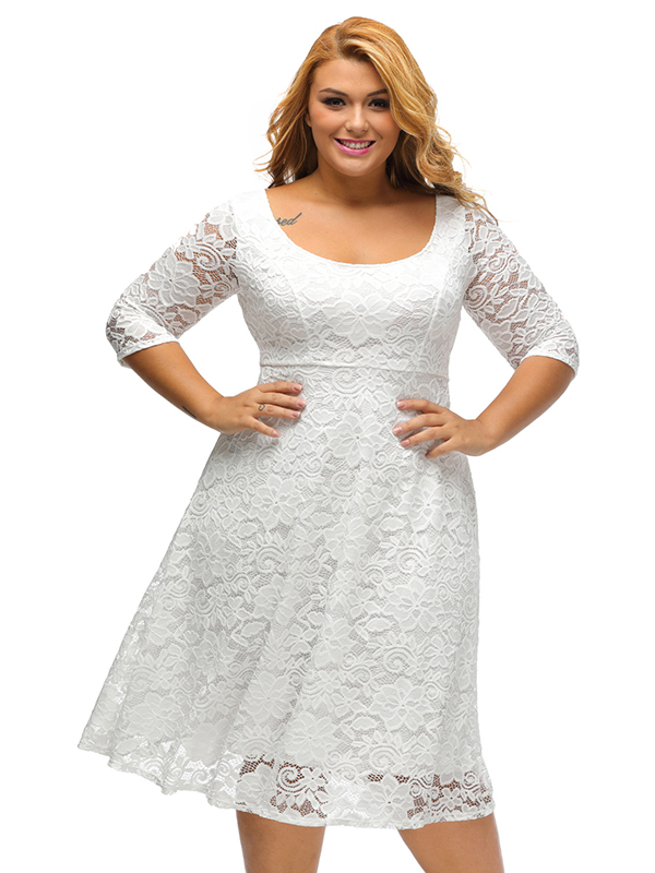 XL-3XL White Women Lace Long Sleeve Dress