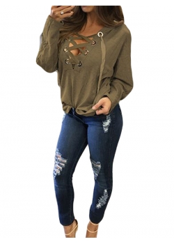 Lace Up Neckline Long Sleeve Hooded Sweatshirt Grey