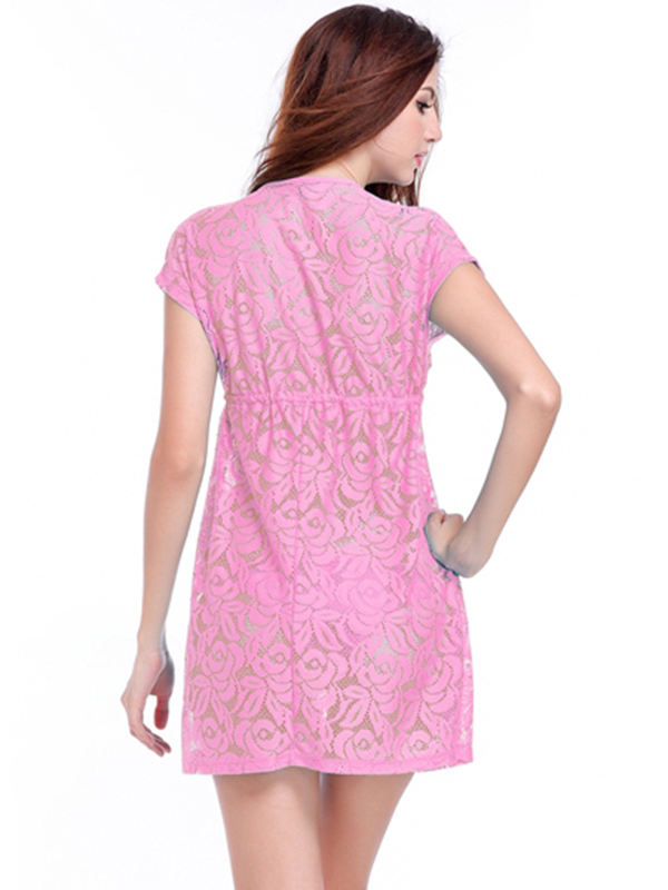 Pink Short Sleeve V-Neck Beach Dress