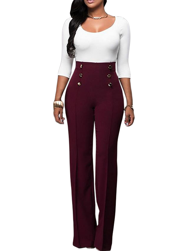 Red WineElegant High Waist Pants with Botton
