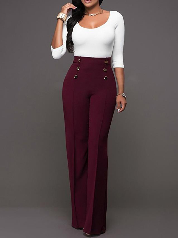 Red WineElegant High Waist Pants with Botton