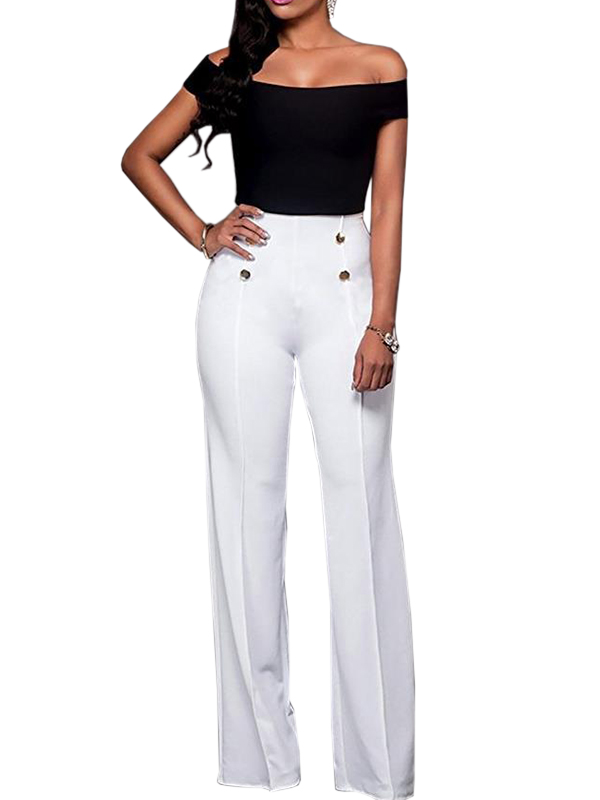 White Elegant High Waist Pants with Botton