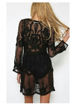 Black Long Sleeve Knitted Tunic Beachwear