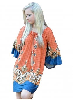 Orange Boho Print Off Shoulder Floral Dress
