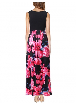 Red Floral Print V Neck Maxi Dress