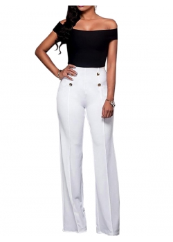 White Elegant High Waist Pants with Botton