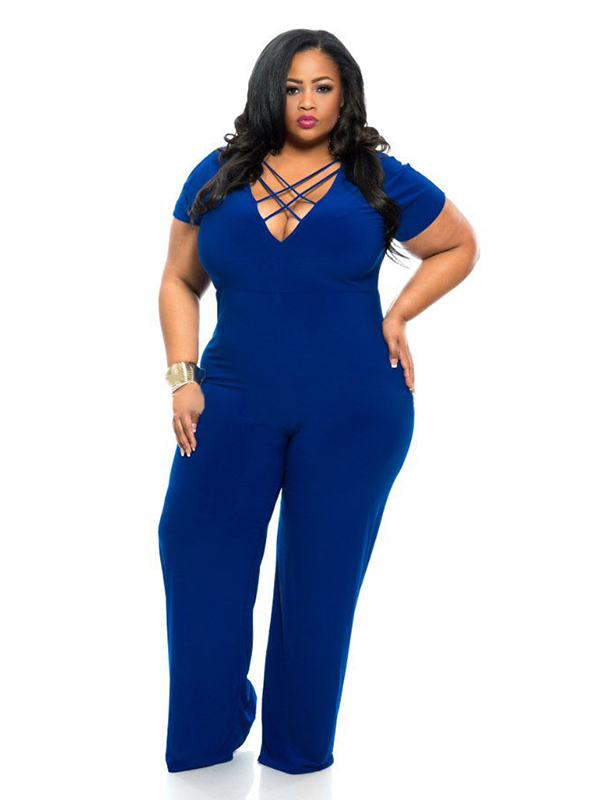 2 Colors L-4XL V Neck Plus Size Jumpsuit
