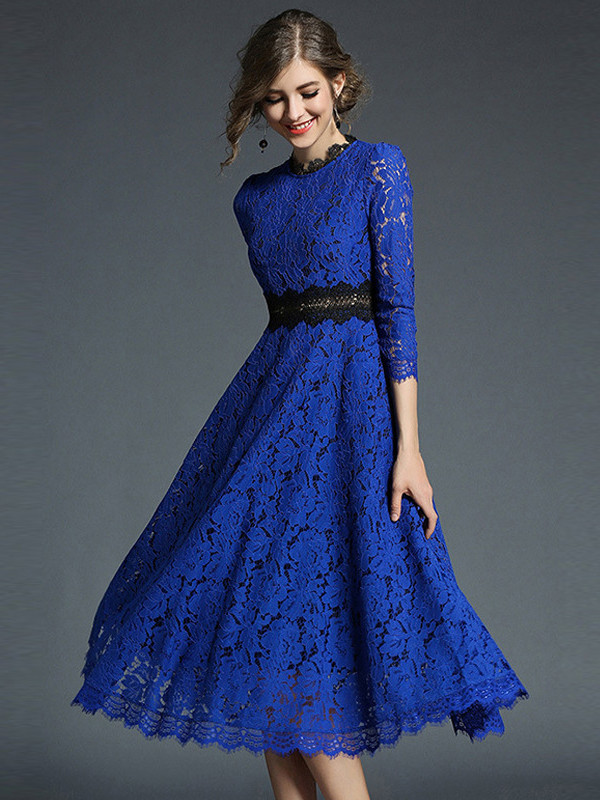 Blue Flower Crochet Hollow Out Patchwork Dress