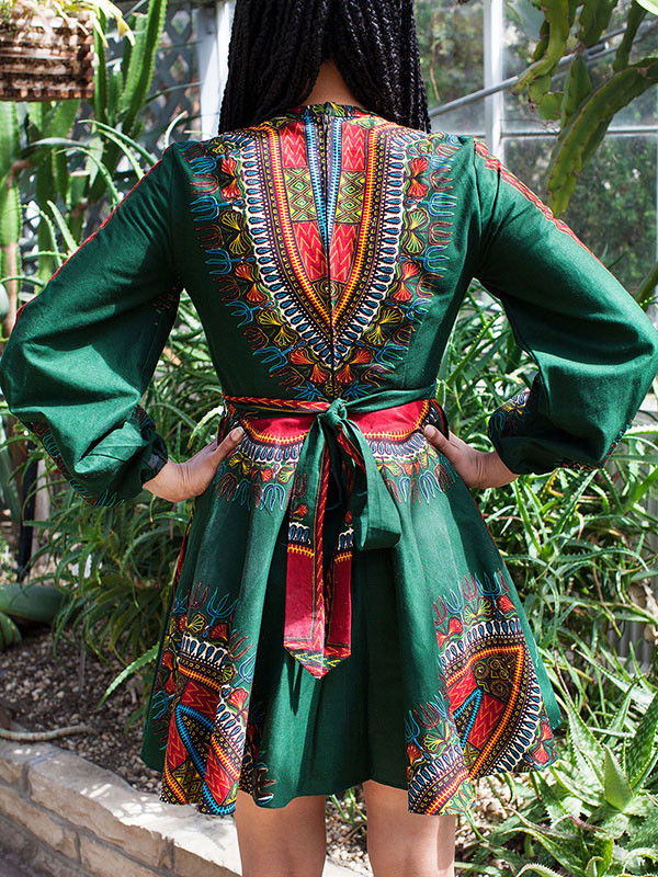 Ethnic Style Long Sleeves Totem Printed Green Mini Dress
