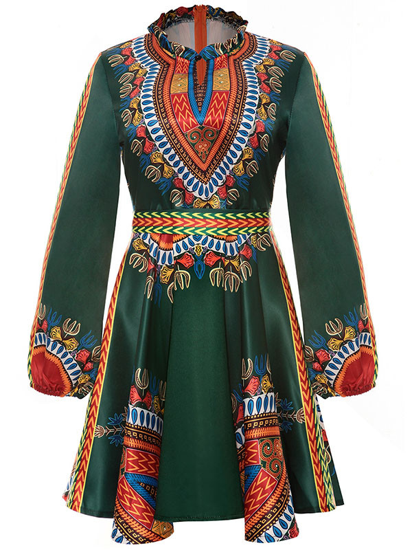Ethnic Style Long Sleeves Totem Printed Green Mini Dress
