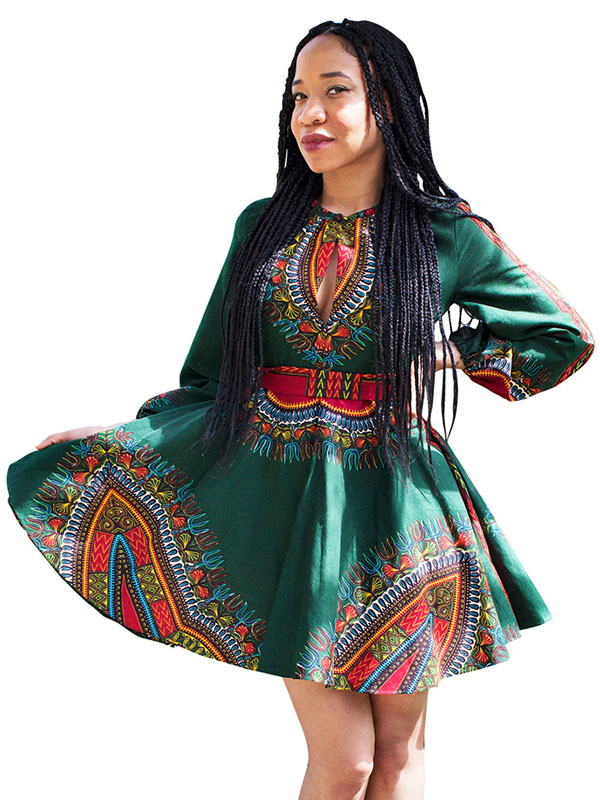 Ethnic Style Long Sleeves Totem Printed Green Mini Dress