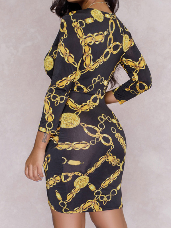 Sexy V Neck Chains Printed Mini Dress 