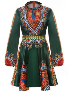 Ethnic Style Long Sleeves Totem Printed Green Mini Dress