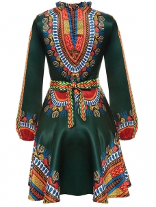 Ethnic Style Long Sleeves Totem Printed Green Mini Dress