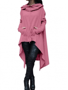 Pink Fashion Asymmetrical Hem Pullover Hooodies