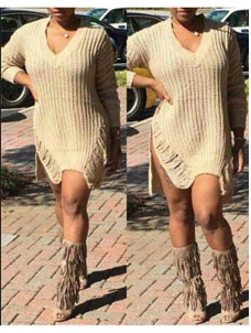 V Neck Long Sleeves Sides Split Sweater Dress