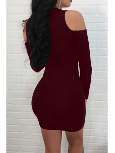Wine Red V Neck Zipper Design Sweater Dress 
