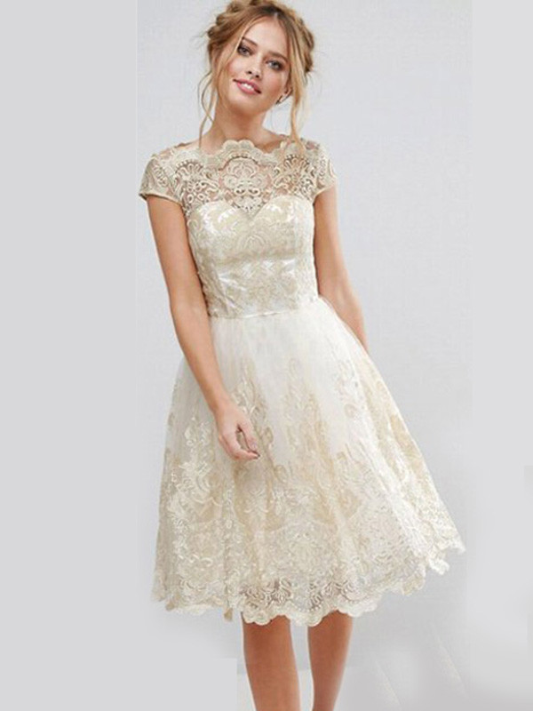 Apricot S-XL Short Sleeve Printed Lace Dress
