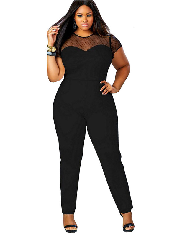 Black Mesh Short Sleeve Plus Size Jumpsuit