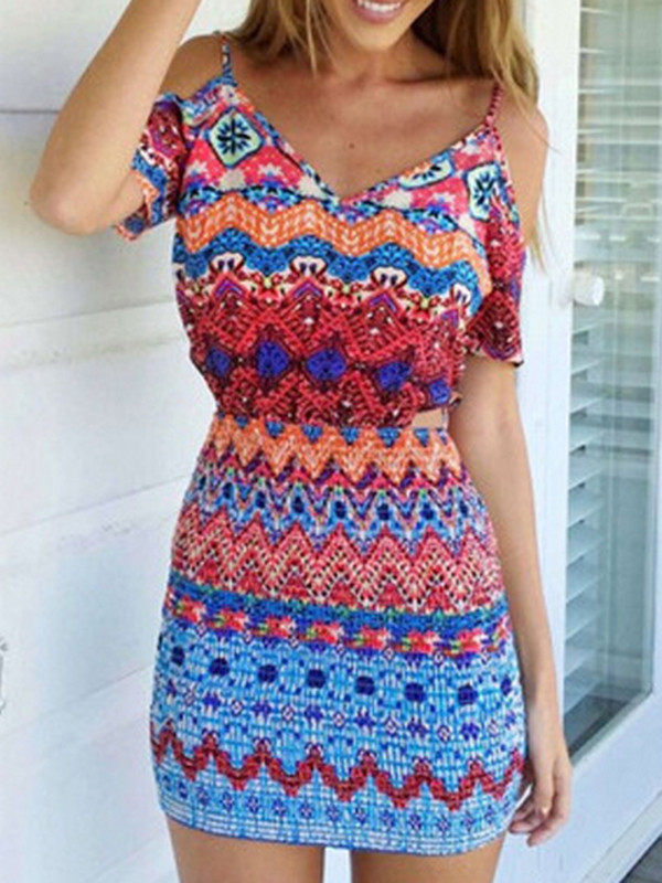 Fashionable V Neck Pattern Print Mini Dress