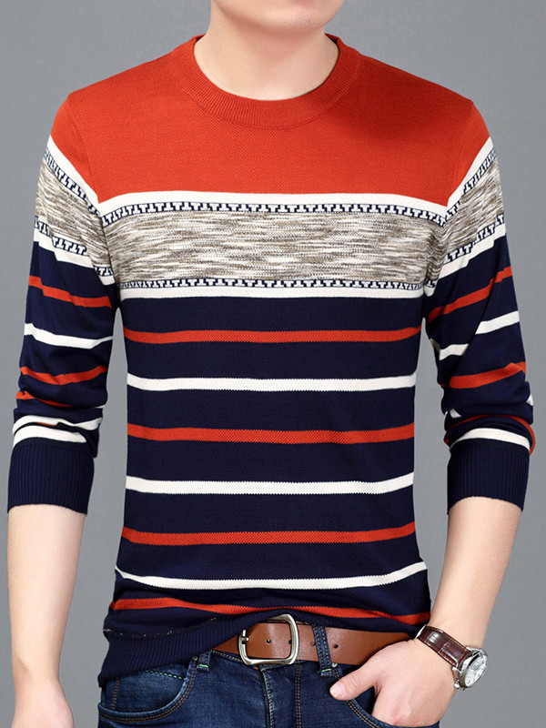 Orange Round Neck Striped Printed T-Shirt