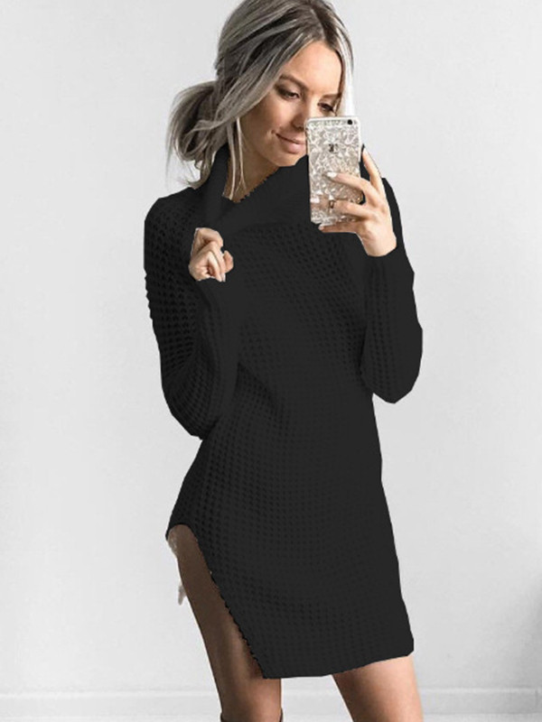 Polyester Black Casual Turtleneck Mini Dresses 