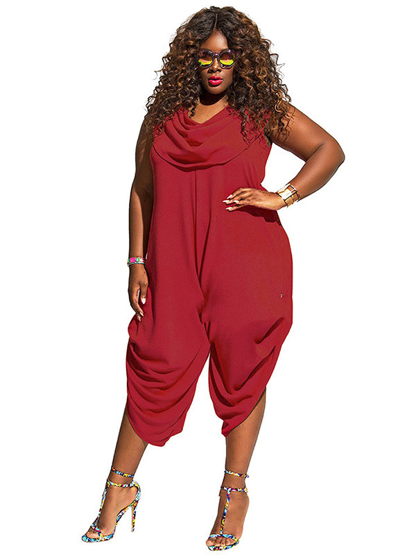 Red Heaps Collar Ruched Plus Size Jumpsuit
