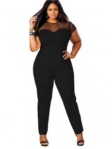 Black Mesh Short Sleeve Plus Size Jumpsuit