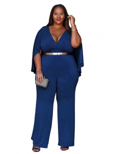 Blue L-3XL Sexy V Neck Plus Size Jumpsuit 