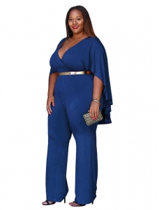 Blue L-3XL Sexy V Neck Plus Size Jumpsuit 