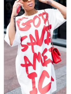 Leisure Short Sleeves Letters Printing White Dress  