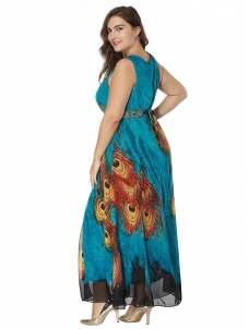 Peacock Feather Print Plus Size Dress 