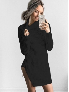 Polyester Black Casual Turtleneck Mini Dresses 
