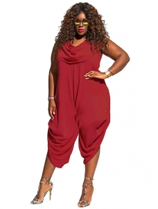 Red Heaps Collar Ruched Plus Size Jumpsuit