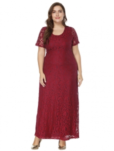 Wine Red Floral Printed Chiffon Plus Size Dress